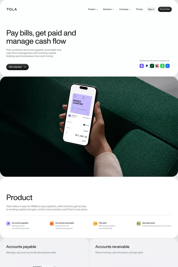 Tola - Accounts payable, accounts receivable and cash flow management - Landing design inspiration