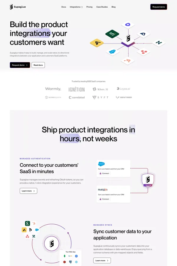 Supaglue | Product Integrations Platform | Ship the product integrations your customers want | - Landing design inspiration