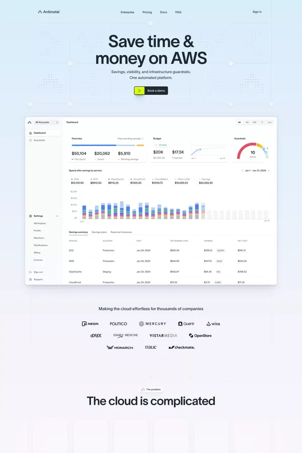 Antimetal | Save up to 75% on AWS - Landing design inspiration
