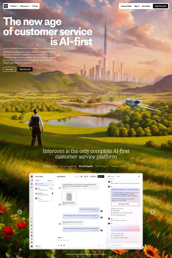 Intercom: The complete AI-first customer service solution - Landing design inspiration