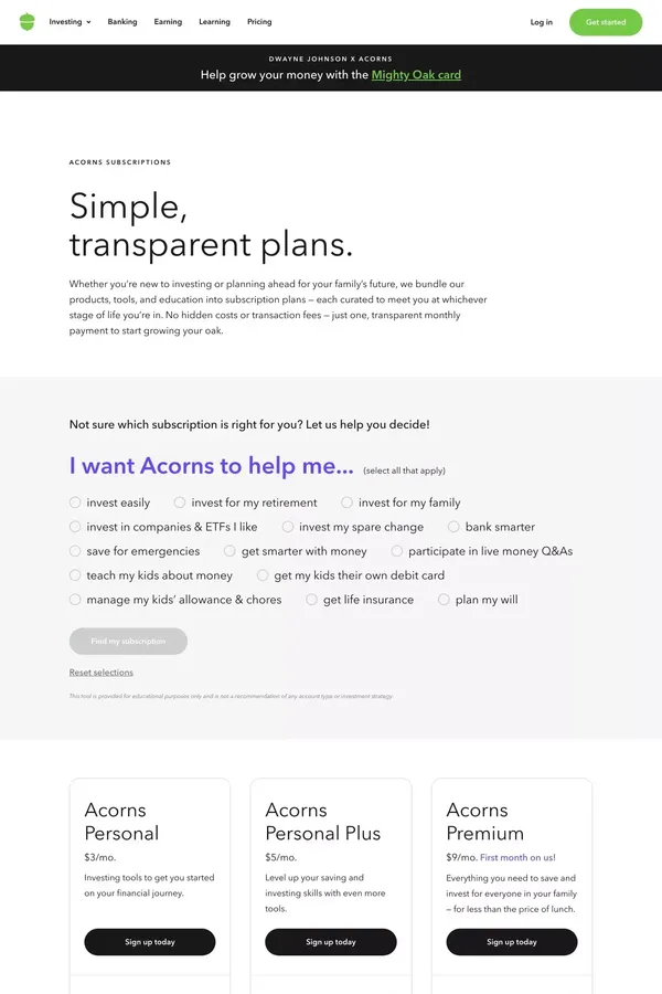Pricing | Acorns - Pricing design inspiration