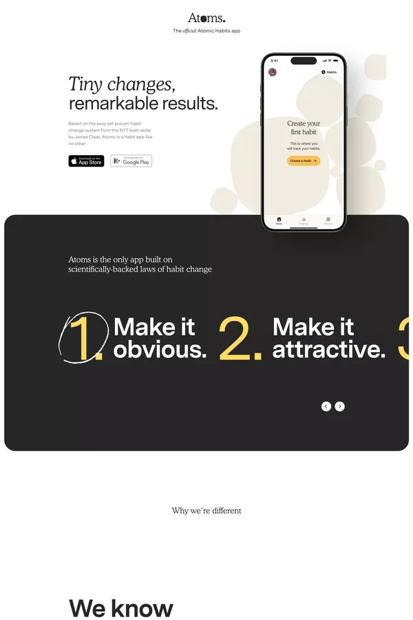 Atoms. The official Atomic Habits app - Landing design inspiration