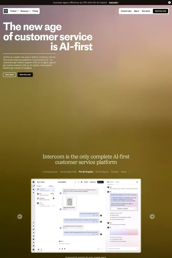 Intercom: The complete AI-first customer service solution - website design inspiration
