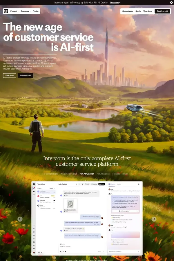 Intercom: The complete AI-first customer service solution - website design inspiration