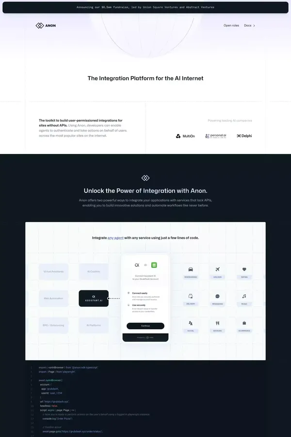 Anon | The Integration Platform for the AI Internet - Landing design inspiration