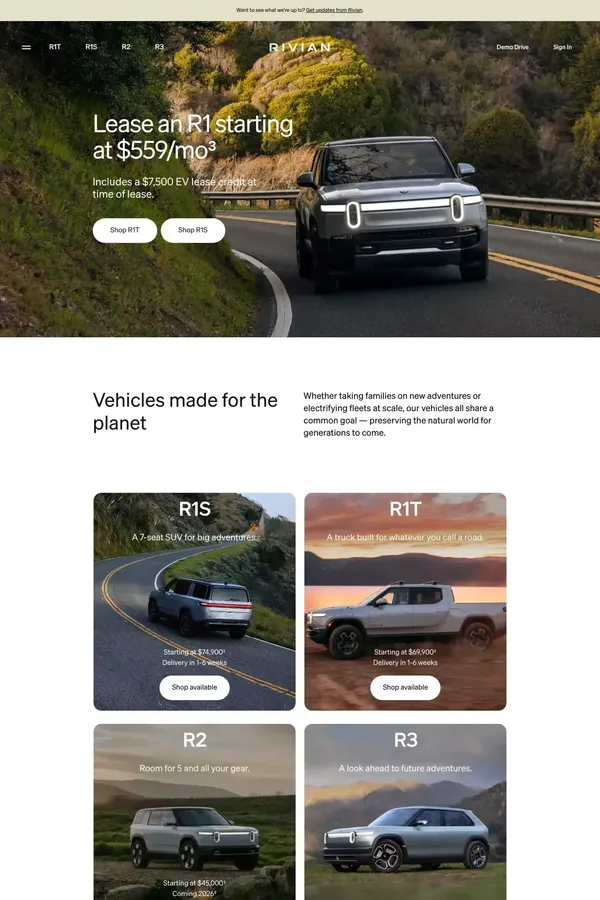 Rivian - Electric Adventure Vehicles - Landing design inspiration