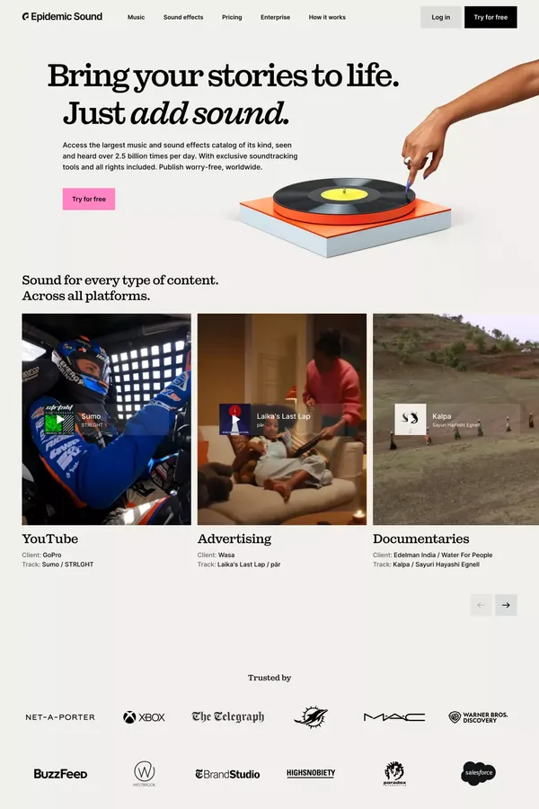 Bring your story to life | Music & SFX for videos | Epidemic Sound - Landing design inspiration