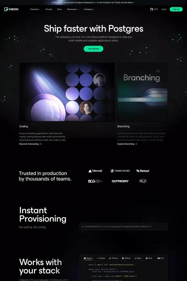 Neon — Ship faster with Postgres - Landing design inspiration
