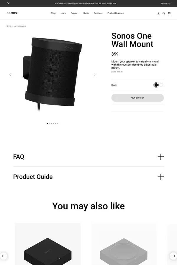 Sonos Wall Mount for One/One SL/Play:1 | Sonos - Product page design inspiration