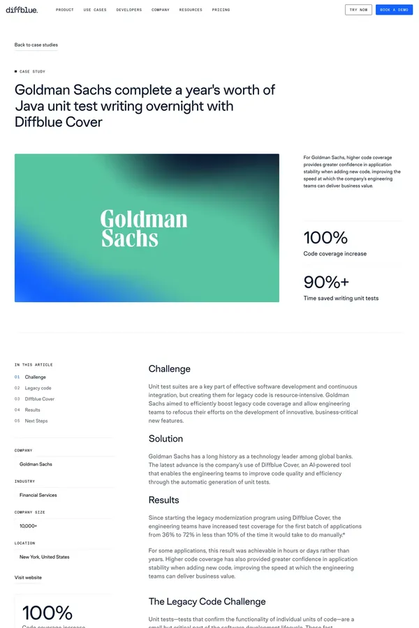 Goldman Sachs complete a year's worth of Java unit test writing overnight with Diffblue Cover - Diffblue - Case Study design inspiration