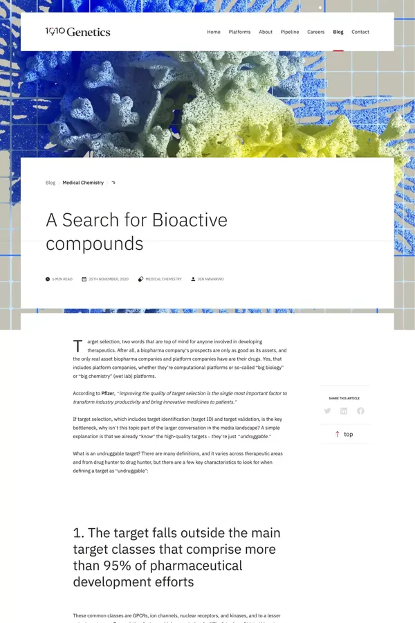 1910 Genetics — Drug Design Powered by AI, Driven by Biology - Blog Post design inspiration