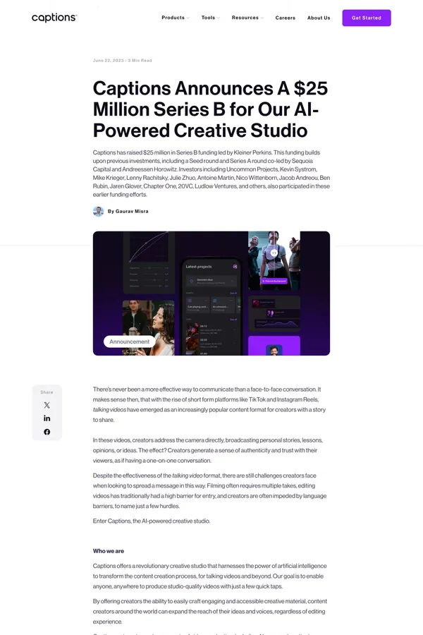 Captions - Captions Announces A $25 Million Series B for Our AI-Powered Creative Studio - Blog Post design inspiration