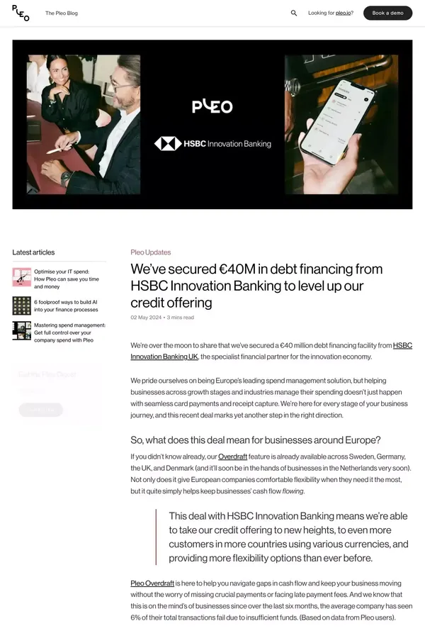 We’ve secured €40M in debt financing from HSBC Innovation Banking to level up our credit offering - Pleo Blog - Blog Post design inspiration