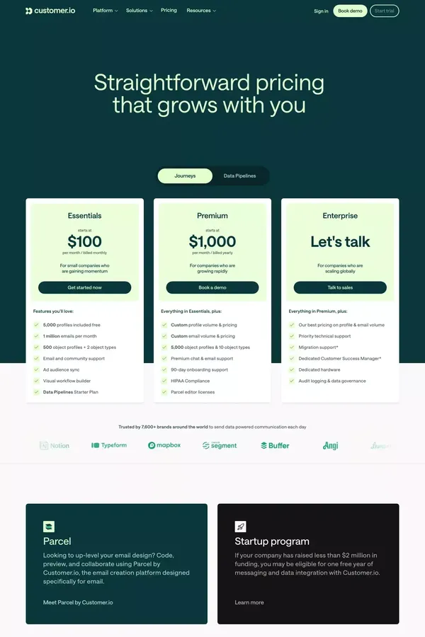 Pricing + Plans | Customer.io - Pricing design inspiration