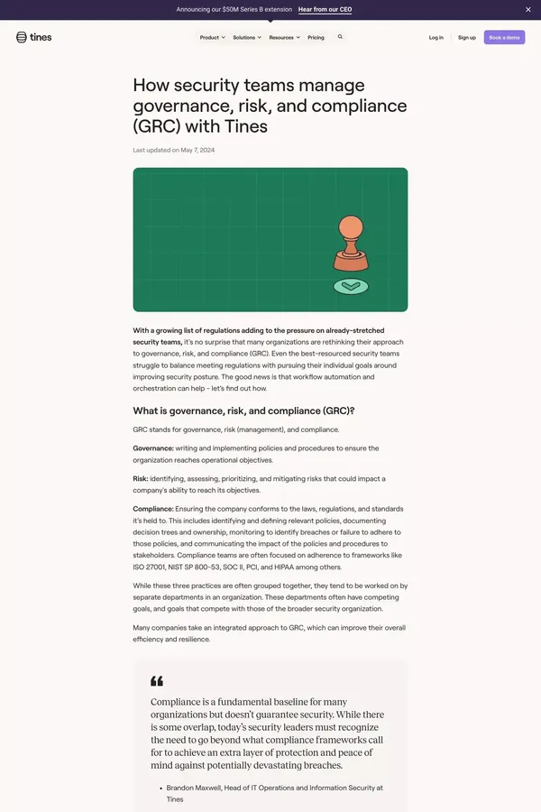 How top security teams automate governance, risk, and compliance (GRC) | Tines - Blog Post design inspiration