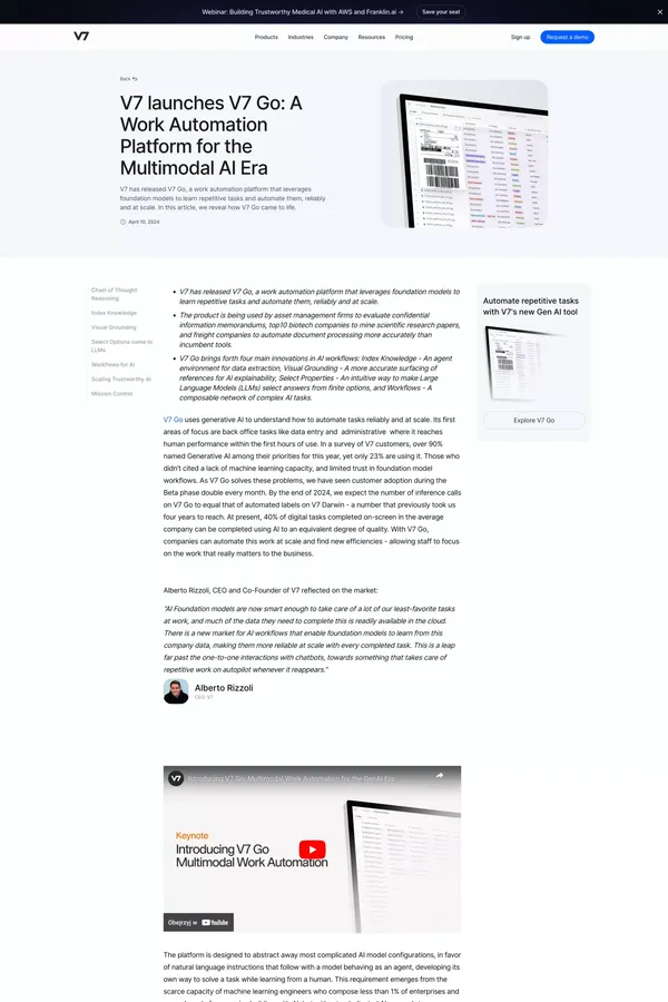 V7 Launches V7 Go: Work Automation Platform for Multimodal AI - Blog Post design inspiration