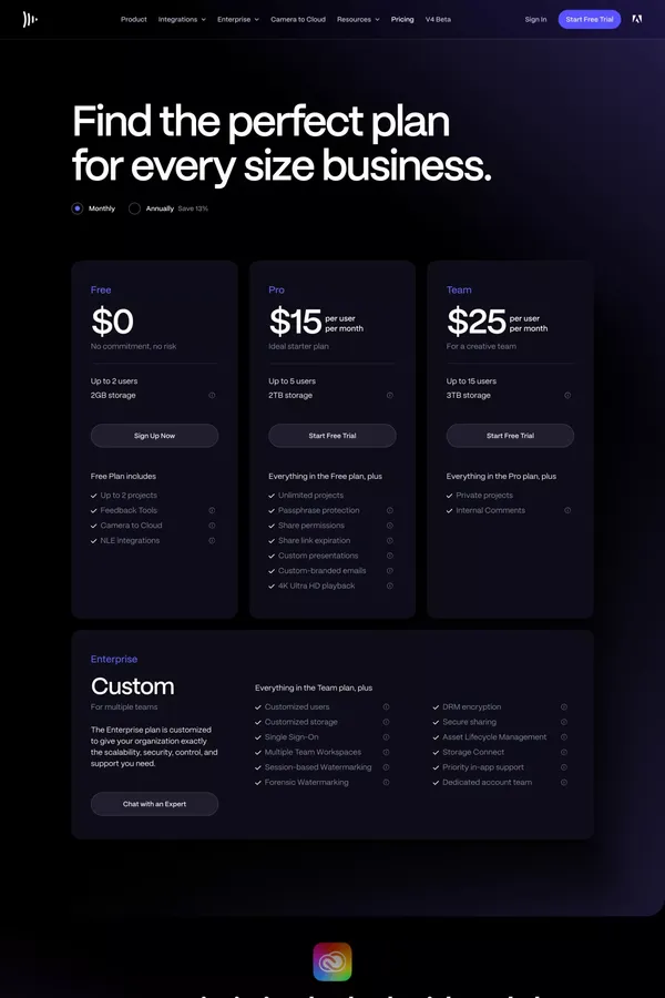 Frame.io | Pricing - Pricing design inspiration