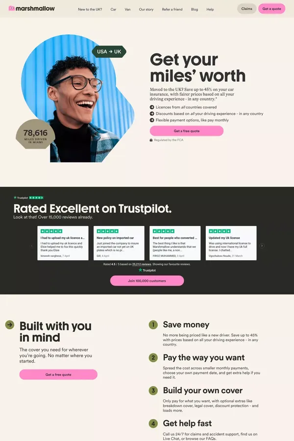 Find Cheap Driving Insurance for UK Newcomers | Marshmallow - Landing design inspiration