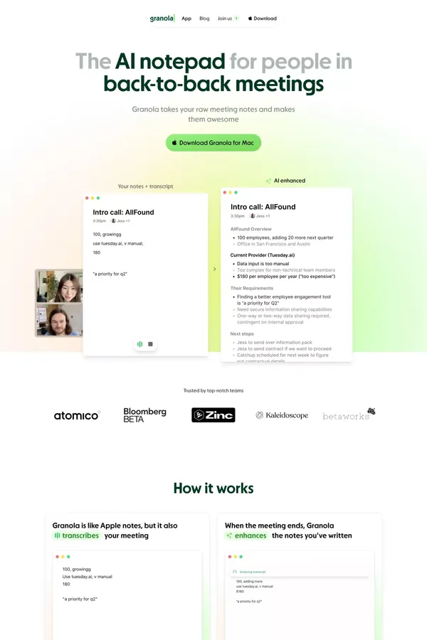 Granola — The AI Notepad for meetings - Landing design inspiration