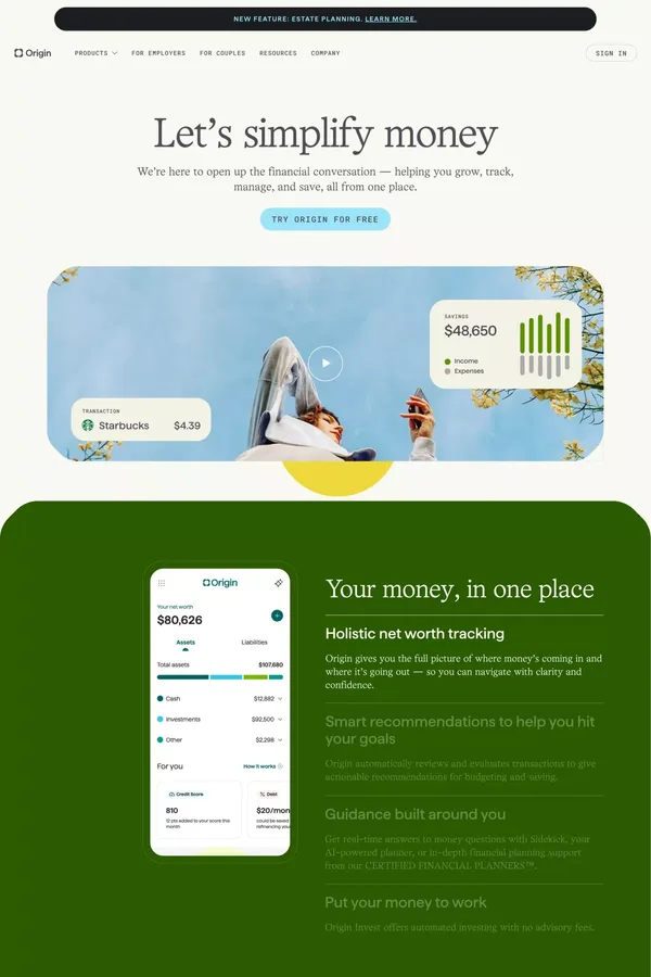 Origin - Let's Talk Money - Landing design inspiration