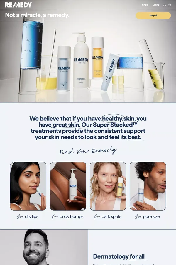 Clinically proven skincare. Not a miracle, a remedy.                         – Remedy Science by Dr. Muneeb Shah - Ecommerce design inspiration