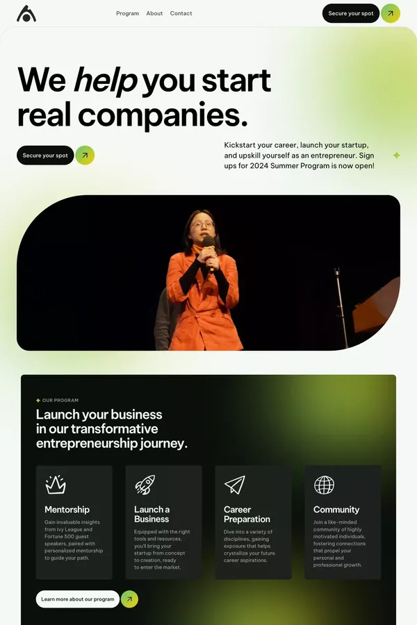 MLV Ignite | High School Entrepreneurship Program - Landing design inspiration