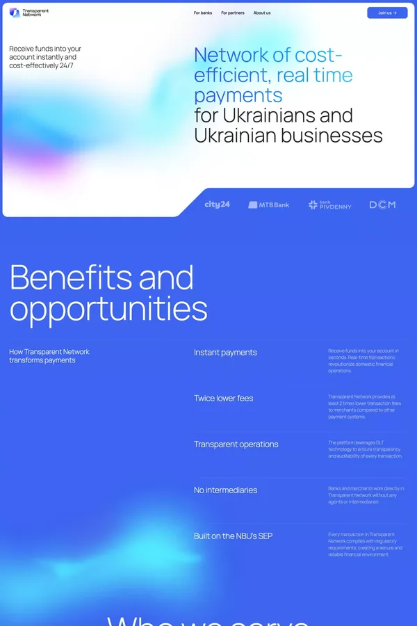 Real time payments 24/7 with Transparent Network - Landing design inspiration