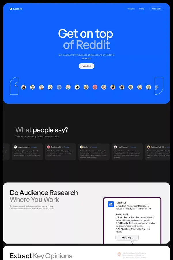 buzzabout - AI Audience Research Tool - Landing design inspiration