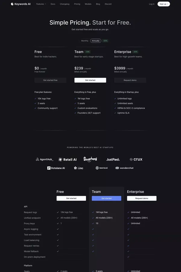 Keywords AI | Unified DevOps platform to build AI applications - Pricing design inspiration