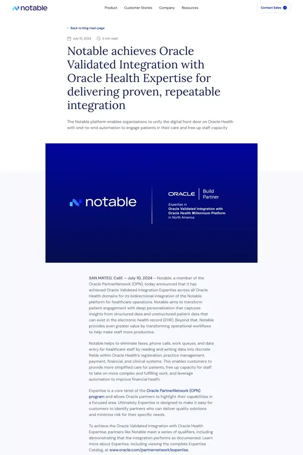 Notable achieves Oracle Validated Integration with Oracle Health Expertise for delivering proven, repeatable integration - Blog Post design inspiration