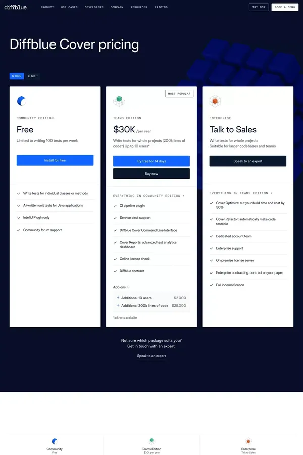 Pricing - Diffblue - Pricing design inspiration