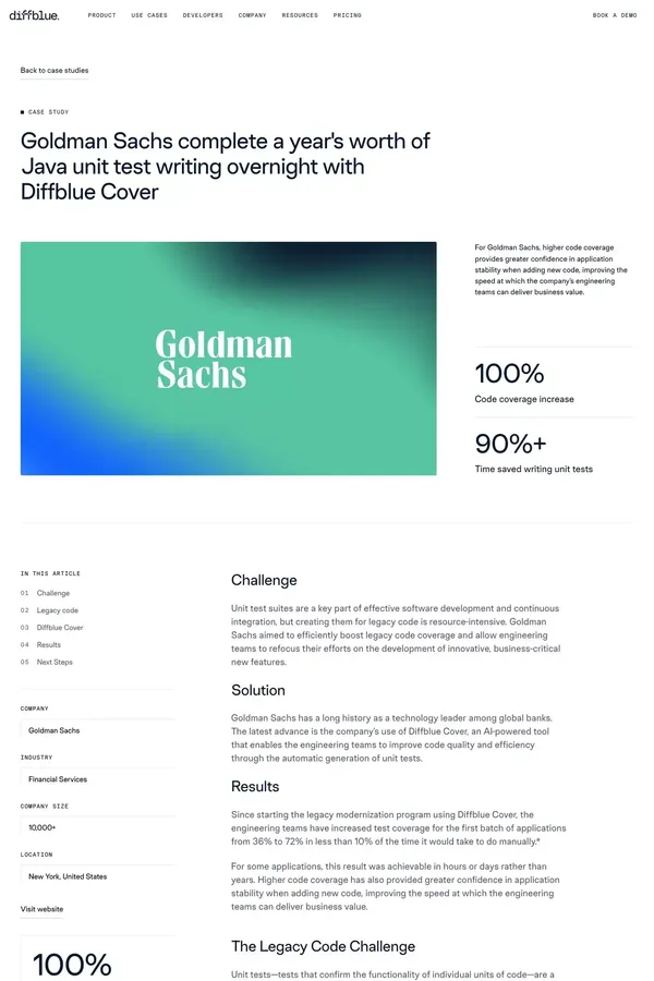 Goldman Sachs complete a year's worth of Java unit test writing overnight with Diffblue Cover - Diffblue - Case Study design inspiration