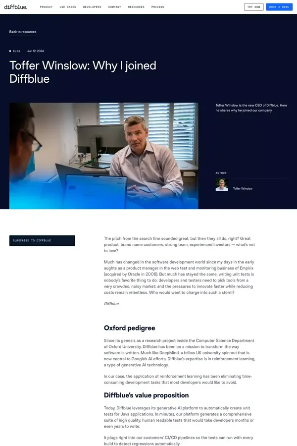 Toffer Winslow: Why I joined Diffblue - Diffblue - Blog Post design inspiration