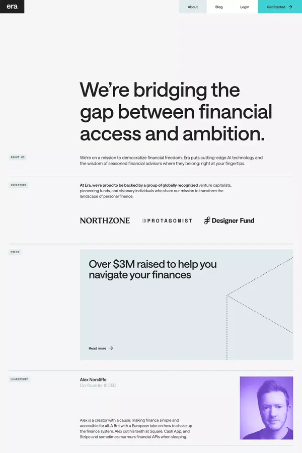 Making personal finance more accessible with AI | Era - About Us  design inspiration