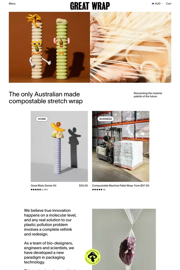 The only Australian made compostable stretch wrap | Great Wrap - Ecommerce design inspiration