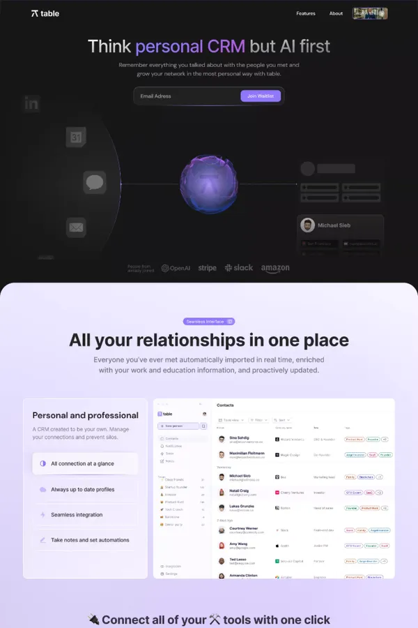 table - Think personal CRM but AI first - Landing design inspiration