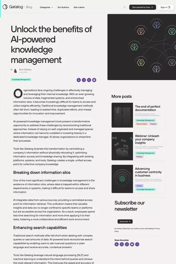 Unlock the benefits of AI-powered knowledge management - Blog Post design inspiration