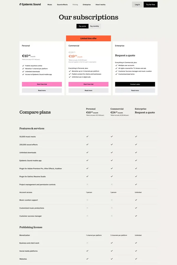 Pricing & Licensing | Epidemic Sound - Pricing design inspiration