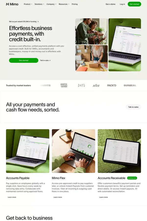 Mimo - Effortless business payments, with credit built-in - Landing design inspiration
