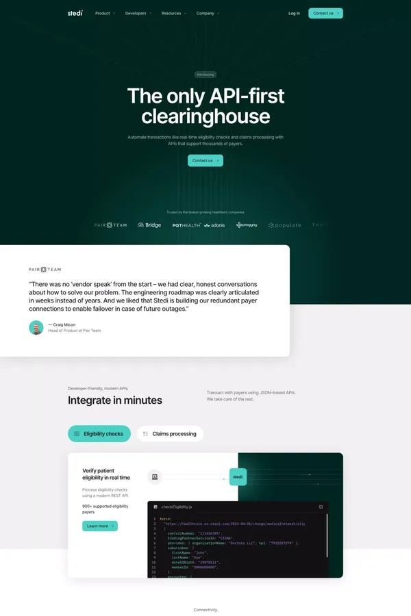 Stedi - The only API-first clearinghouse - Landing design inspiration