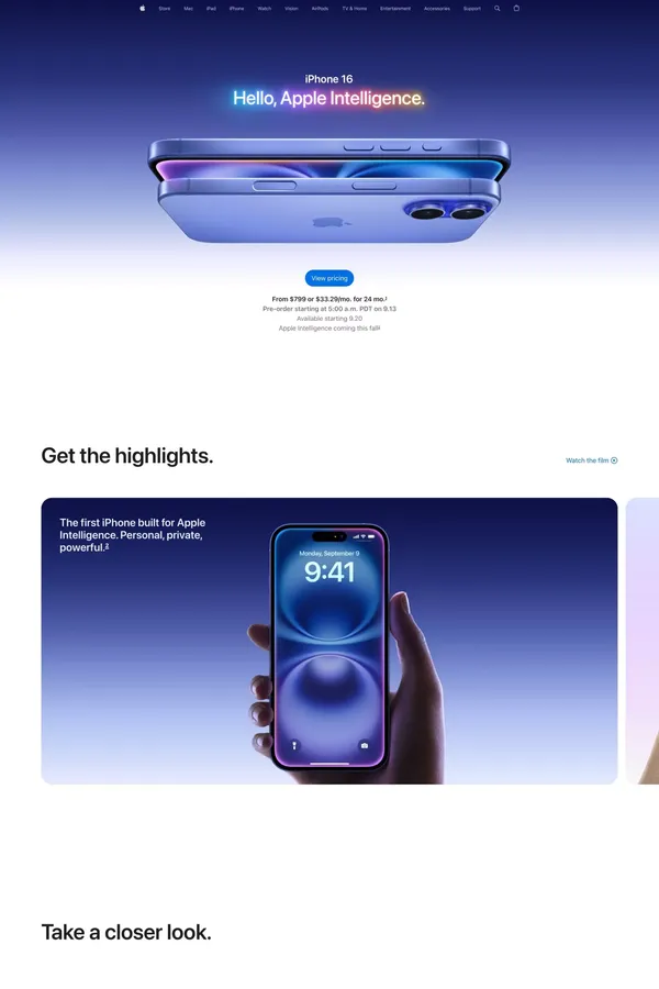 iPhone 16 and iPhone 16 Plus - Apple - Landing design inspiration