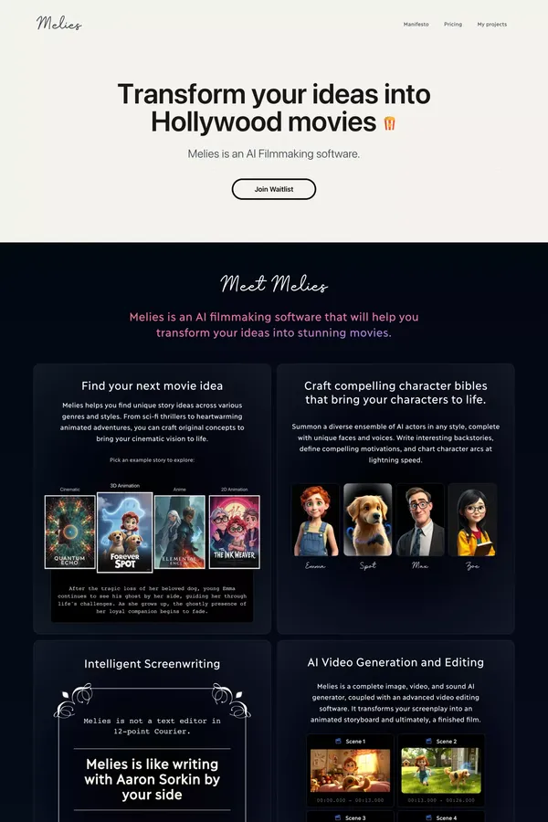 Melies • Transform your ideas into Hollywood movies - Landing design inspiration