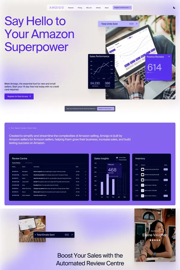 Amzigo |Â Say Hello to Your Amazon Superpower - Landing design inspiration