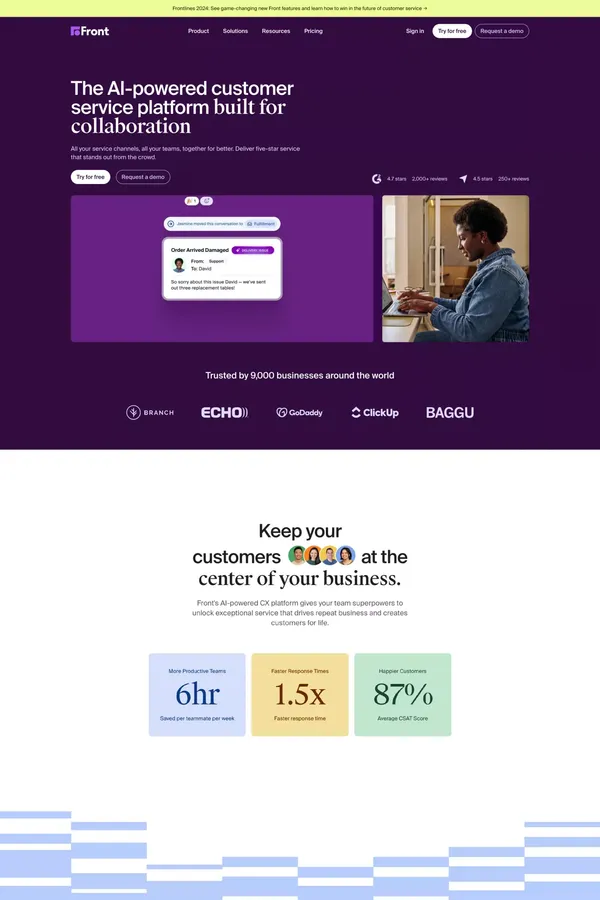 Front - The Platform for Exceptional Customer Service at Scale - Landing design inspiration