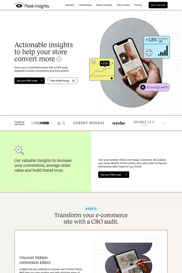 Conversion Rate Optimization Agency (CRO) - Peek Insights - Landing design inspiration