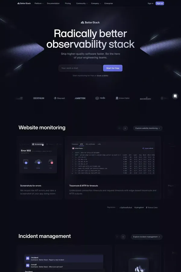 Better Stack - Radically better observability stack - Landing design inspiration