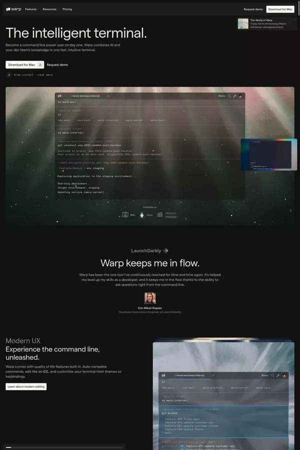 Warp: The intelligent terminal - Landing design inspiration