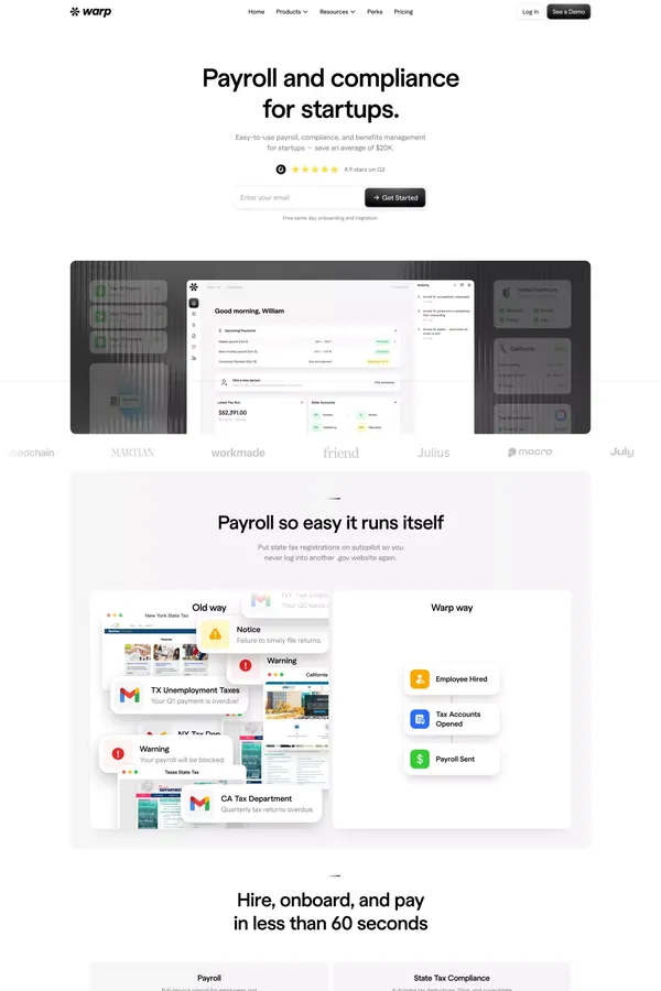 Warp | Payroll and Compliance for Startups - Landing design inspiration