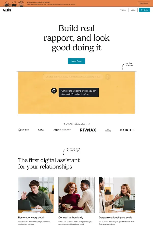 Quin — Your digital assistant for better connections - Landing design inspiration