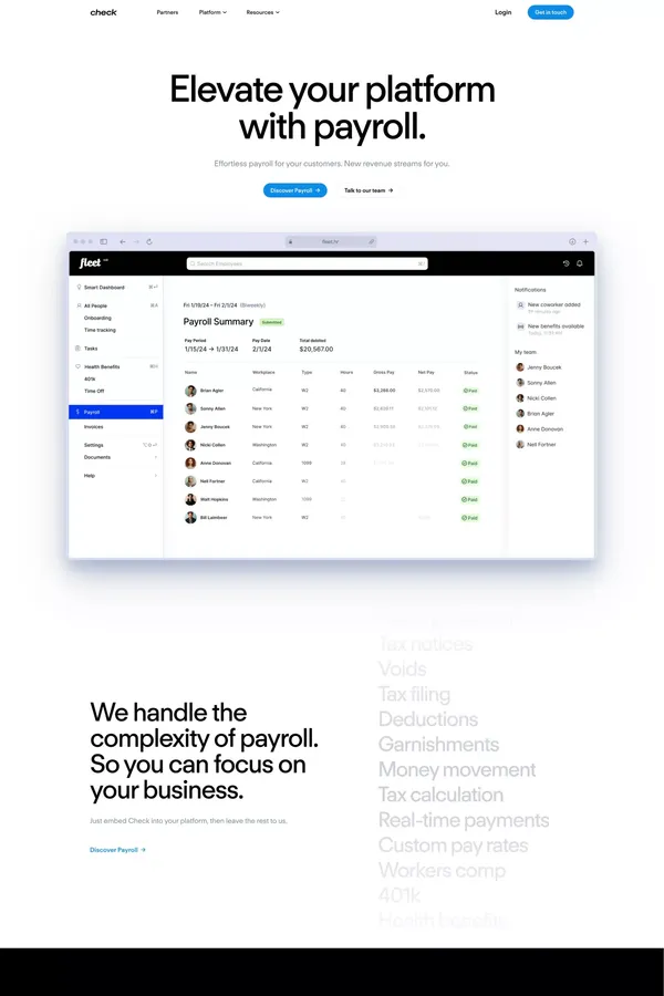 Embedded Payroll for Platforms | Check - Landing design inspiration